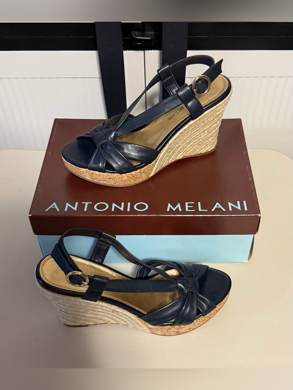 ANTONIO MELANI Marine Navy Leather Knotted Espadrille Wedge Sandals